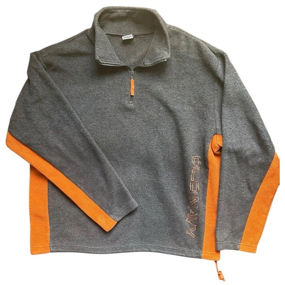 Vintage Old Navy 1/4 Zip Sweater L Grey Orange Stripes Mens Y2K Casual Pullover